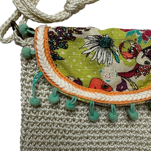 Sakroots Beige Women's Crochet Peace Crossbody Purse Bag Pom Pom Flap - Picture 4 of 8